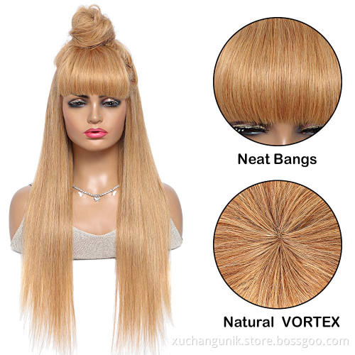 Uniky Honey Blond Human Hair Wigs with Bangs Brazilian Straight Hair Gold Wig Glueless None Lace Wigs for Women